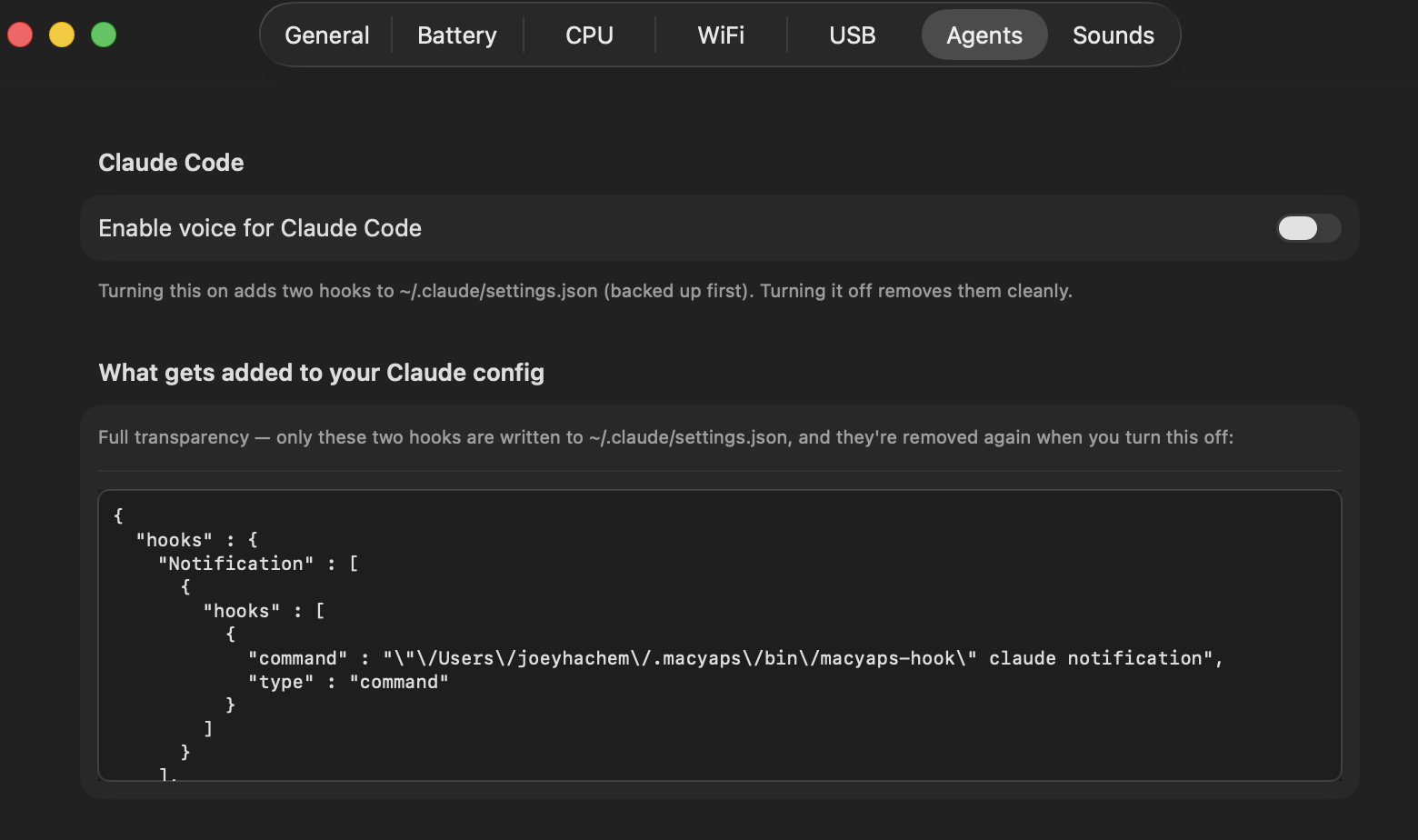 MacYaps Settings — Agents tab with the one-click Enable voice for Claude Code toggle